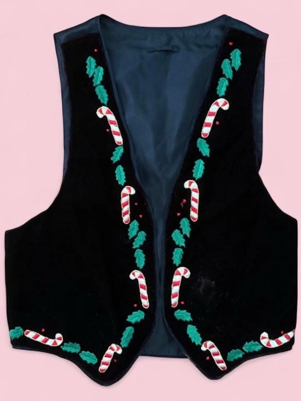 Vintage Black Velvet Christmas Vest Candy Cane Holly Embroidered Women’s Small